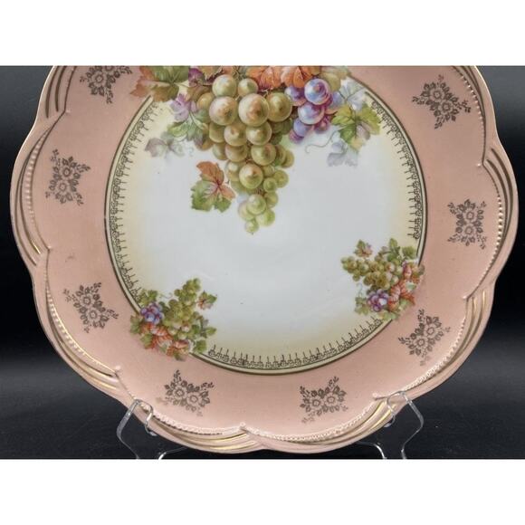 Antique German Porcelain Bowl Grapes Gold Trim Pink Rim Scalloped 12" - Picture 3 of 11